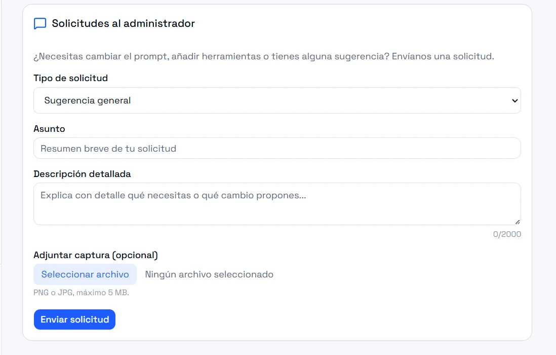 Formulario de solicitudes al administrador con adjunto de captura