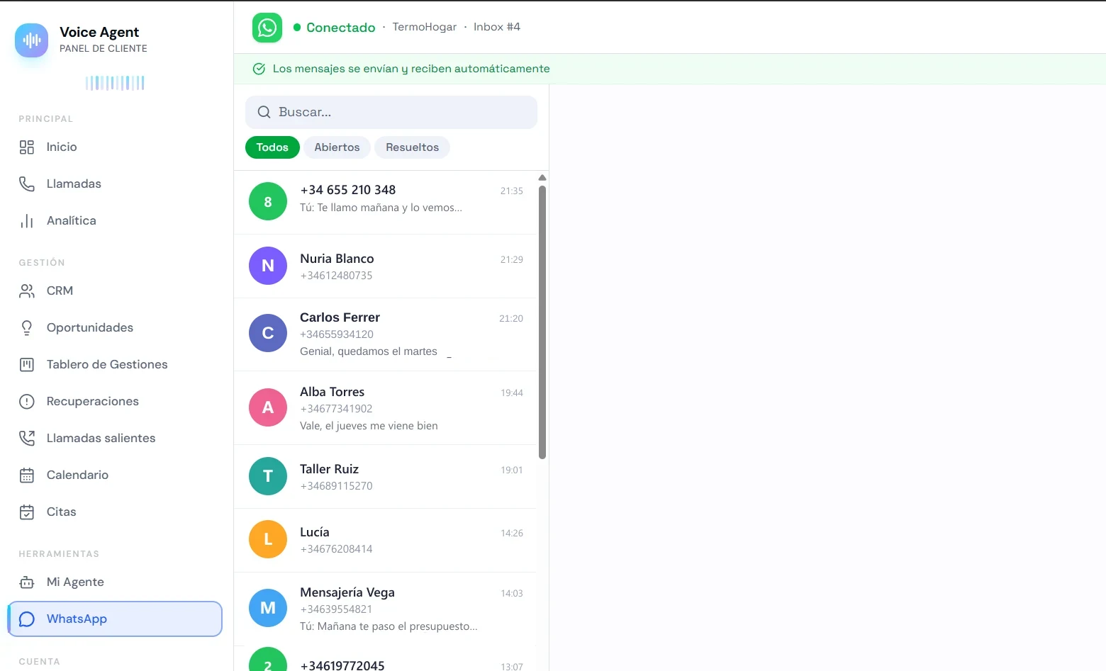 Bandeja de WhatsApp integrada en el panel